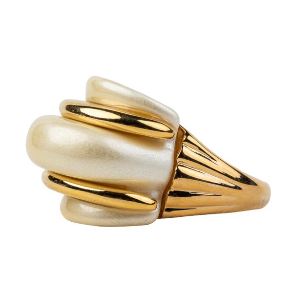 Gold and Pearl Double Ribbed Ring For Cheap