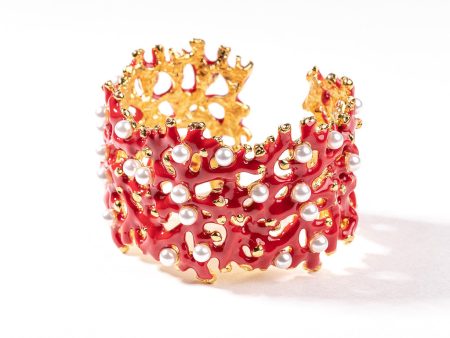 Dark Coral Branch Hinged Cuff with Pearls For Cheap