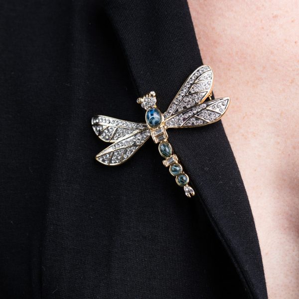 Gold and Rhinestone Sapphire Dragonfly Pin For Sale