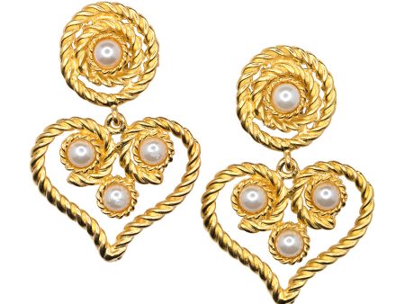 Satin Gold Heart Drop White Pearl Clip Earrings Discount