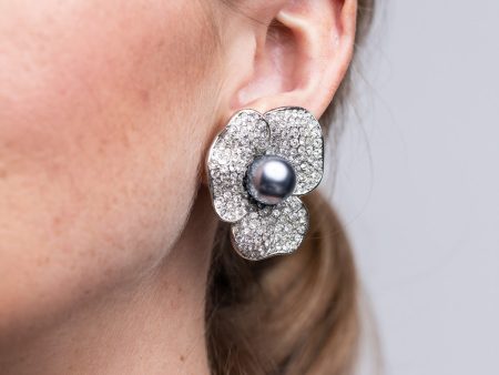 Grey Pearl Center Flower Clip Earrings Hot on Sale