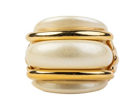 Gold and Pearl Double Ribbed Ring For Cheap