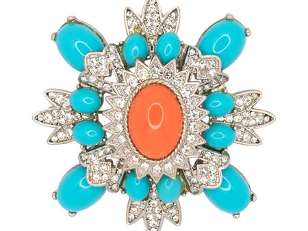 Turquoise and Coral Cluster Pin For Discount