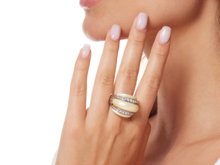 Silver with Double Crystal Band White Pearl Ring Sale