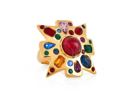 Gold Multi-Gem Maltese Cross Ring Fashion